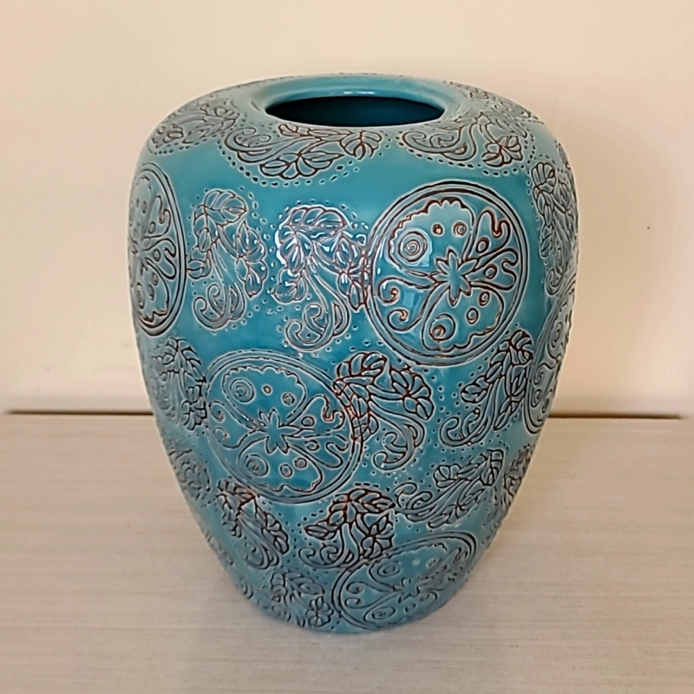 Beautiful Blue Vintage Floral Melon Vase Enameled Temple Vase 11"×8"
